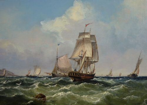 PAIR OF MARINE OIL PAINTINGS OF SHIPPING OFF SCARBOROUGH PORTSMOUTH HARBOUR BY JOHN JAMES WILSON - ADDITIONAL PHOTO 2