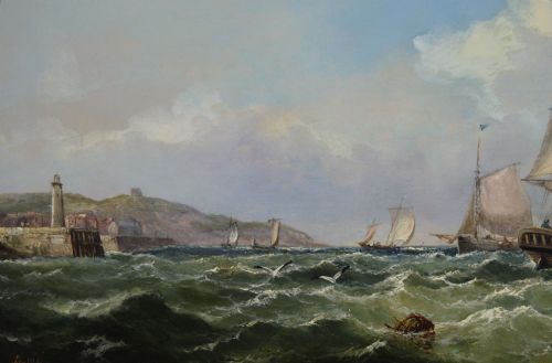PAIR OF MARINE OIL PAINTINGS OF SHIPPING OFF SCARBOROUGH PORTSMOUTH HARBOUR BY JOHN JAMES WILSON - ADDITIONAL PHOTO 3