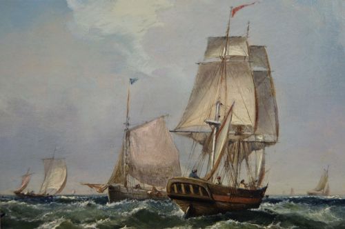 PAIR OF MARINE OIL PAINTINGS OF SHIPPING OFF SCARBOROUGH PORTSMOUTH HARBOUR BY JOHN JAMES WILSON - ADDITIONAL PHOTO 5