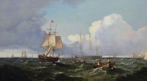 PAIR OF MARINE OIL PAINTINGS OF SHIPPING OFF SCARBOROUGH PORTSMOUTH HARBOUR BY JOHN JAMES WILSON - ADDITIONAL PHOTO 7