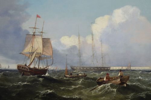 PAIR OF MARINE OIL PAINTINGS OF SHIPPING OFF SCARBOROUGH PORTSMOUTH HARBOUR BY JOHN JAMES WILSON - ADDITIONAL PHOTO 8