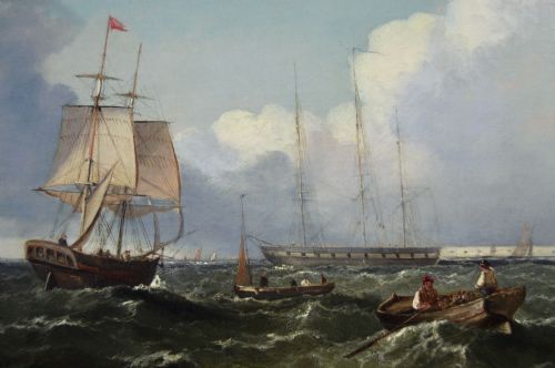 PAIR OF MARINE OIL PAINTINGS OF SHIPPING OFF SCARBOROUGH PORTSMOUTH HARBOUR BY JOHN JAMES WILSON - ADDITIONAL PHOTO 9