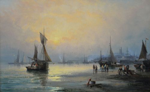 PAIR OF SEASCAPE OIL PAINTINGS OF FISHING BOATS ON THE MEDWAY AT ROCHESTER BY HUBERT THORNLEY - ADDITIONAL PHOTO 1