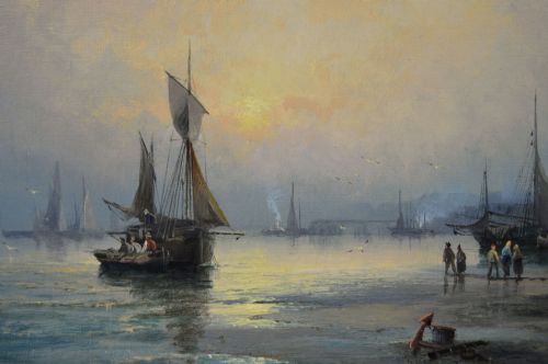 PAIR OF SEASCAPE OIL PAINTINGS OF FISHING BOATS ON THE MEDWAY AT ROCHESTER BY HUBERT THORNLEY - ADDITIONAL PHOTO 2
