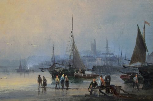 PAIR OF SEASCAPE OIL PAINTINGS OF FISHING BOATS ON THE MEDWAY AT ROCHESTER BY HUBERT THORNLEY - ADDITIONAL PHOTO 3