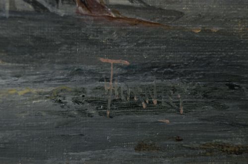 PAIR OF SEASCAPE OIL PAINTINGS OF FISHING BOATS ON THE MEDWAY AT ROCHESTER BY HUBERT THORNLEY - ADDITIONAL PHOTO 4