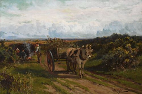 LANDSCAPE OIL PAINTING OF FIGURES WITH A DONKEY CART BY ARTHUR WALKER REDGATE - ADDITIONAL PHOTO 1