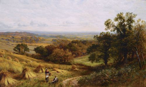 WORCESTERSHIRE LANDSCAPE HARVEST OIL PAINTING OF THE VALE OF EVESHAM BY ALFRED AUGUSTUS GLENDENING SNR - ADDITIONAL PHOTO 1
