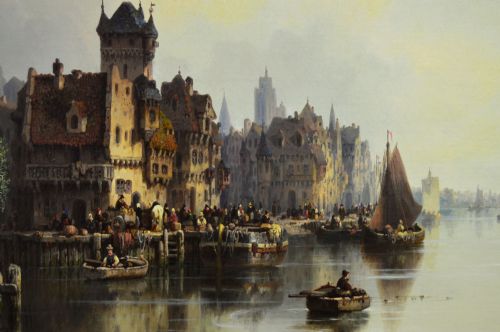CONTINENTAL TOWNSCAPE OIL PAINTING OF A QUAYSIDE ON A RIVER BY LUDWIG HERMANN - ADDITIONAL PHOTO 2