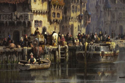 CONTINENTAL TOWNSCAPE OIL PAINTING OF A QUAYSIDE ON A RIVER BY LUDWIG HERMANN - ADDITIONAL PHOTO 3