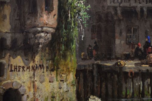 CONTINENTAL TOWNSCAPE OIL PAINTING OF A QUAYSIDE ON A RIVER BY LUDWIG HERMANN - ADDITIONAL PHOTO 4