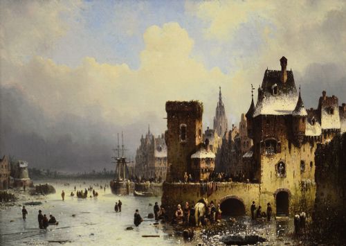 WINTER TOWNSCAPE OIL PAINTING OF A QUAY ON A FROZEN RIVER BY LUDWIG HERMANN - ADDITIONAL PHOTO 1