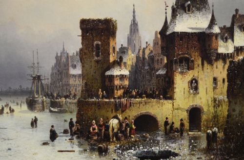 WINTER TOWNSCAPE OIL PAINTING OF A QUAY ON A FROZEN RIVER BY LUDWIG HERMANN - ADDITIONAL PHOTO 2