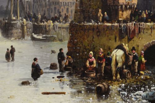 WINTER TOWNSCAPE OIL PAINTING OF A QUAY ON A FROZEN RIVER BY LUDWIG HERMANN - ADDITIONAL PHOTO 3
