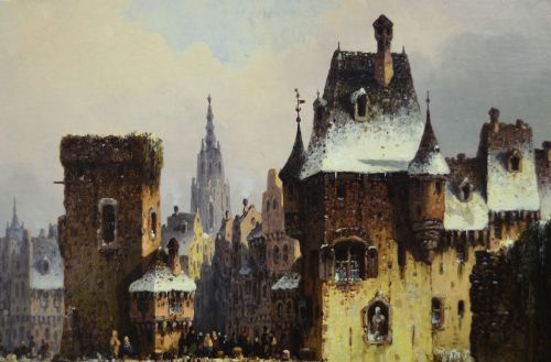 WINTER TOWNSCAPE OIL PAINTING OF A QUAY ON A FROZEN RIVER BY LUDWIG HERMANN - ADDITIONAL PHOTO 4