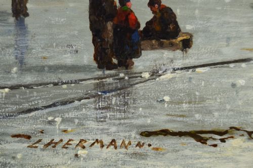 WINTER TOWNSCAPE OIL PAINTING OF A QUAY ON A FROZEN RIVER BY LUDWIG HERMANN - ADDITIONAL PHOTO 5