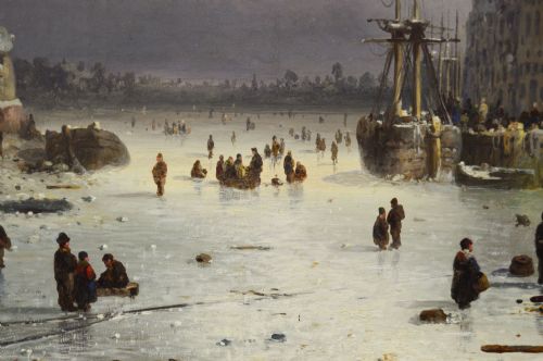 WINTER TOWNSCAPE OIL PAINTING OF A QUAY ON A FROZEN RIVER BY LUDWIG HERMANN - ADDITIONAL PHOTO 6