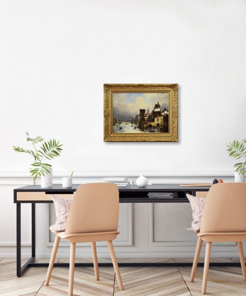 WINTER TOWNSCAPE OIL PAINTING OF A QUAY ON A FROZEN RIVER BY LUDWIG HERMANN - ADDITIONAL PHOTO 7