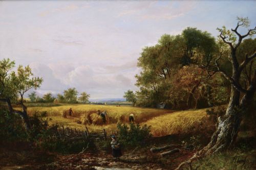 fig 1. An antique framed oil painting depicting figures harvesting wheat in a rural landscape within an ornate gilded frame.