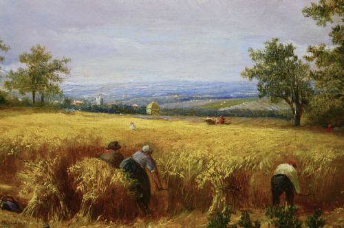 fig 2. An antique framed oil painting depicting figures harvesting wheat in a rural landscape within an ornate gilded frame.