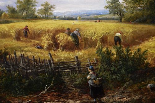 fig 4. An antique framed oil painting depicting figures harvesting wheat in a rural landscape within an ornate gilded frame.