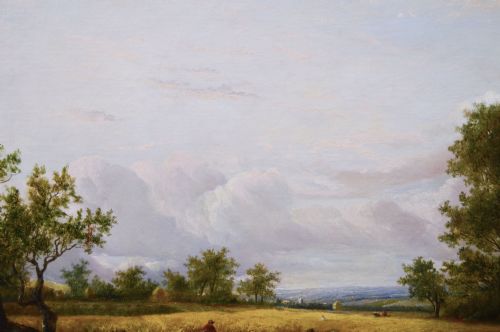 fig 5. An antique framed oil painting depicting figures harvesting wheat in a rural landscape within an ornate gilded frame.