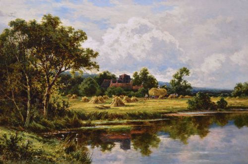 LANDSCAPE OIL PAINTING OF FIGURES HARVESTING NEXT TO THE RIVER KENNET BY HENRY H PARKER - ADDITIONAL PHOTO 1