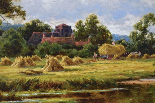 LANDSCAPE OIL PAINTING OF FIGURES HARVESTING NEXT TO THE RIVER KENNET BY HENRY H PARKER - ADDITIONAL PHOTO 2