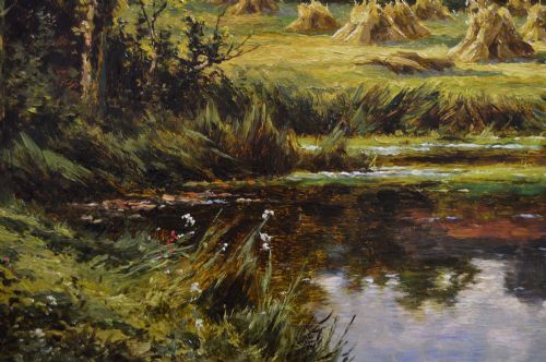 LANDSCAPE OIL PAINTING OF FIGURES HARVESTING NEXT TO THE RIVER KENNET BY HENRY H PARKER - ADDITIONAL PHOTO 3
