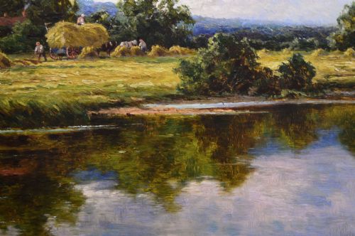 LANDSCAPE OIL PAINTING OF FIGURES HARVESTING NEXT TO THE RIVER KENNET BY HENRY H PARKER - ADDITIONAL PHOTO 4