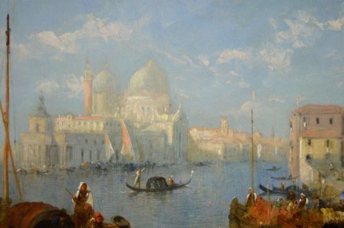 VENETIAN TOWNSCAPE OIL PAINTING OF THE DOGANA WITH SANTA MARIA DELLA SALUTE FROM THE MOLO BY JANE VIVIAN - ADDITIONAL PHOTO 4