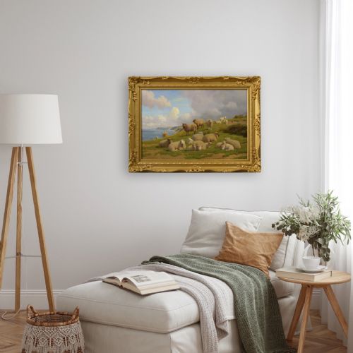 LANDSCAPE ANIMAL OIL PAINTING OF SHEEP ON A CLIFFTOP NEAR HERNE BAY KENT BY WILLIAM SIDNEY COOPER - ADDITIONAL PHOTO 9