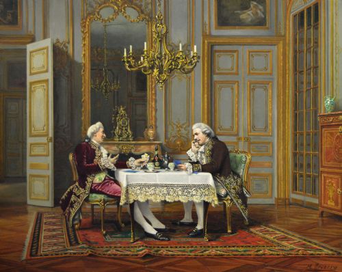 HISTORICAL GENRE OIL PAINTING OF TWO GENTLEMEN PLAYING A GAME OF CARDS BY MARCEL BRUNERY - ADDITIONAL PHOTO 1