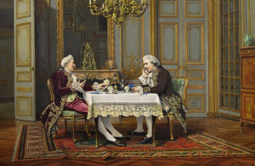 HISTORICAL GENRE OIL PAINTING OF TWO GENTLEMEN PLAYING A GAME OF CARDS BY MARCEL BRUNERY - ADDITIONAL PHOTO 2