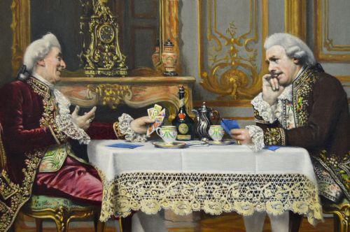HISTORICAL GENRE OIL PAINTING OF TWO GENTLEMEN PLAYING A GAME OF CARDS BY MARCEL BRUNERY - ADDITIONAL PHOTO 3