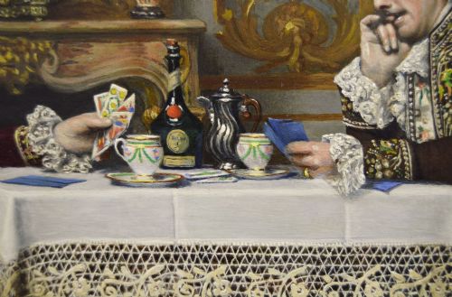 HISTORICAL GENRE OIL PAINTING OF TWO GENTLEMEN PLAYING A GAME OF CARDS BY MARCEL BRUNERY - ADDITIONAL PHOTO 6