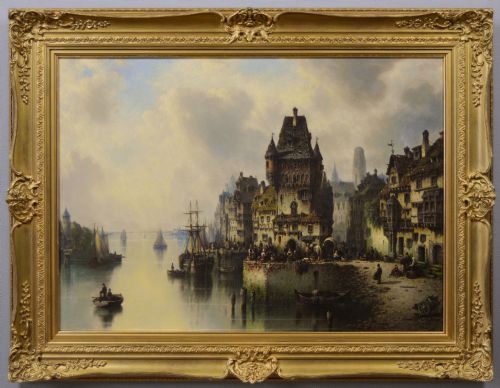 CONTINENTAL TOWNSCAPE OIL PAINTING OF A BUSY HARBOUR TOWN BY LUDWIG HERMANN