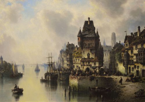 CONTINENTAL TOWNSCAPE OIL PAINTING OF A BUSY HARBOUR TOWN BY LUDWIG HERMANN - ADDITIONAL PHOTO 1