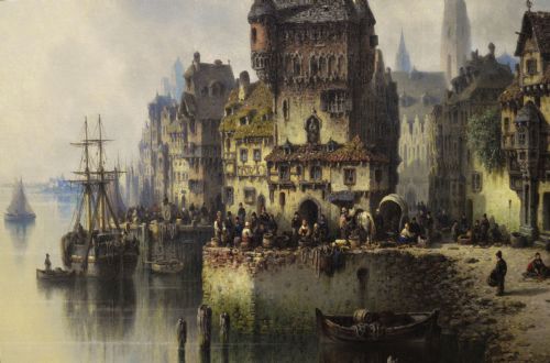 CONTINENTAL TOWNSCAPE OIL PAINTING OF A BUSY HARBOUR TOWN BY LUDWIG HERMANN - ADDITIONAL PHOTO 2