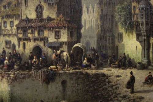 CONTINENTAL TOWNSCAPE OIL PAINTING OF A BUSY HARBOUR TOWN BY LUDWIG HERMANN - ADDITIONAL PHOTO 3