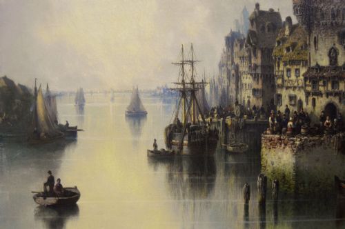 CONTINENTAL TOWNSCAPE OIL PAINTING OF A BUSY HARBOUR TOWN BY LUDWIG HERMANN - ADDITIONAL PHOTO 4
