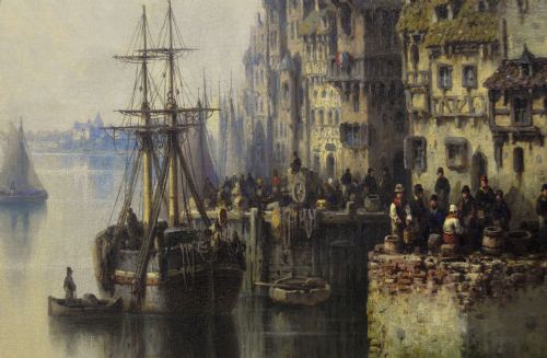 CONTINENTAL TOWNSCAPE OIL PAINTING OF A BUSY HARBOUR TOWN BY LUDWIG HERMANN - ADDITIONAL PHOTO 5