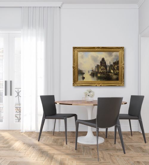 CONTINENTAL TOWNSCAPE OIL PAINTING OF A BUSY HARBOUR TOWN BY LUDWIG HERMANN - ADDITIONAL PHOTO 9