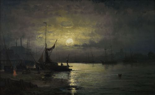 fig 1. A framed Victorian oil painting depicting sailing ships under a full moon on a river with gold gilded framing.