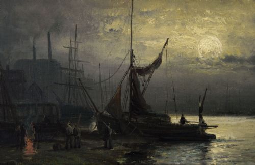 fig 2. A framed Victorian oil painting depicting sailing ships under a full moon on a river with gold gilded framing.