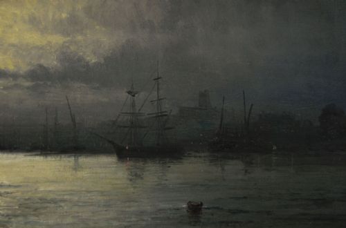 fig 3. A framed Victorian oil painting depicting sailing ships under a full moon on a river with gold gilded framing.