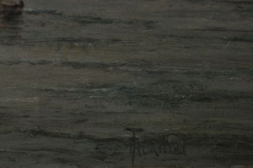 fig 4. A framed Victorian oil painting depicting sailing ships under a full moon on a river with gold gilded framing.