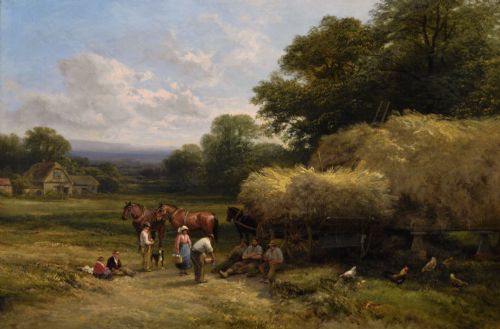 LANDSCAPE GENRE OIL PAINTING OF FARMWORKERS WITH HORSES A DOG BY GEORGE COLE - ADDITIONAL PHOTO 1