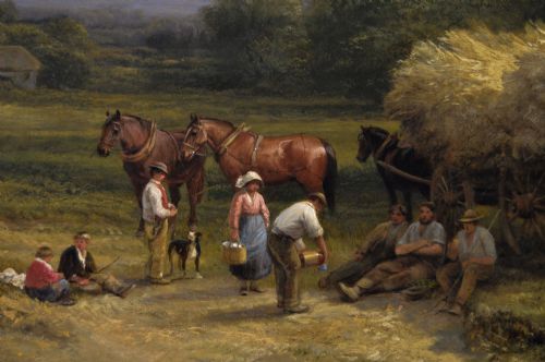 LANDSCAPE GENRE OIL PAINTING OF FARMWORKERS WITH HORSES A DOG BY GEORGE COLE - ADDITIONAL PHOTO 2