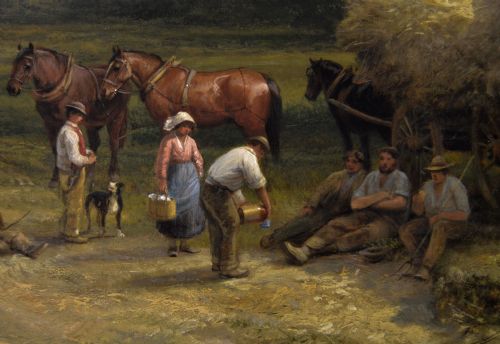 LANDSCAPE GENRE OIL PAINTING OF FARMWORKERS WITH HORSES A DOG BY GEORGE COLE - ADDITIONAL PHOTO 3